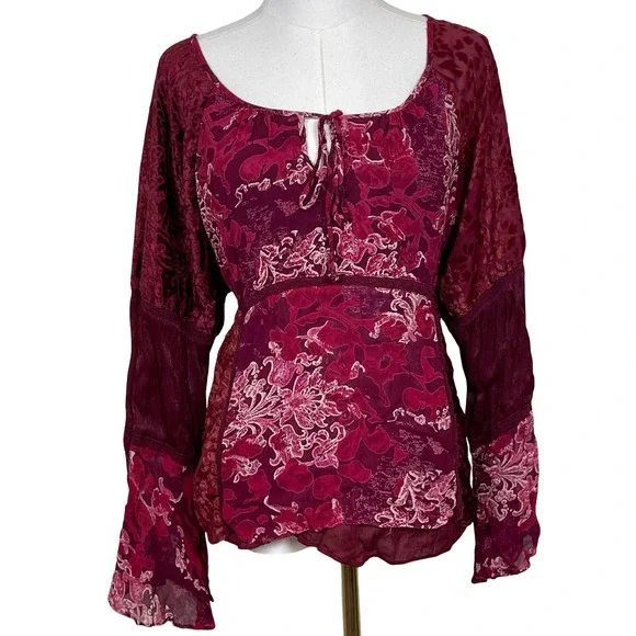 Vintage Faded Glory Peasant Top Women XL Red Floral Velvet Burnout Bell Sleeve - Picture 1 of 10